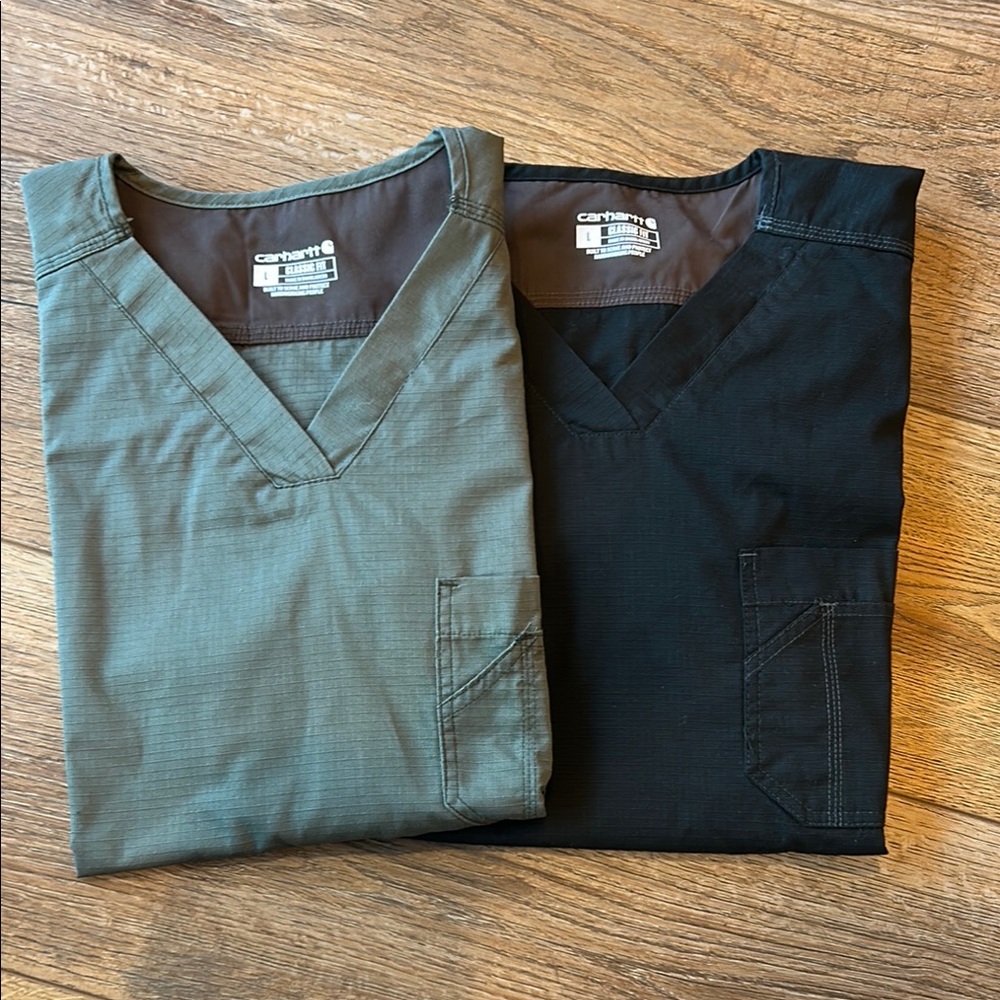 Lot of 2 Carhartt Classic Fit V-Neck Scrub Tops‎ in Green and Black Mens Size L